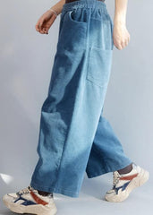 French elastic waist wild trousers oversized blue wide leg trousers LPTS191125