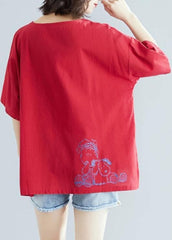 French o neck baggy cotton linen tunics for women red print blouse STP200409