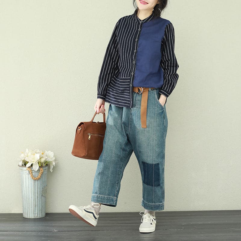 French striped linen tops women blouses Casual Inspiration Button Down oversized spring shirt LTP190129