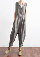 French v neck jumpsuit pants linen clothes Plus Size Outfits gray daily summer dylinoshop