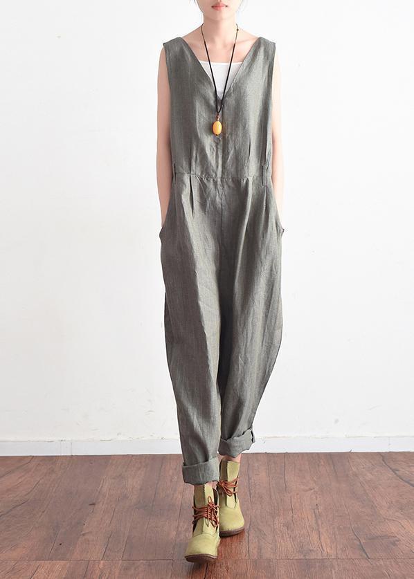 French v neck jumpsuit pants linen clothes Plus Size Outfits gray daily summer dylinoshop