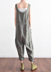 French v neck jumpsuit pants linen clothes Plus Size Outfits gray daily summer dylinoshop