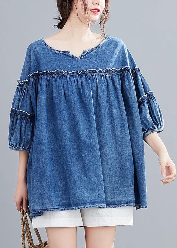 French v neck lantern sleeve cotton summer top Outfits denim blue shirts HTP200612