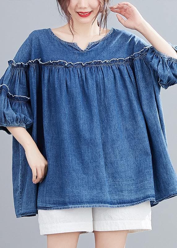 French v neck lantern sleeve cotton summer top Outfits denim blue shirts HTP200612