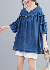 French v neck lantern sleeve cotton summer top Outfits denim blue shirts HTP200612