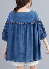 French v neck lantern sleeve cotton summer top Outfits denim blue shirts HTP200612