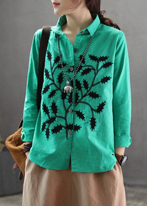 Green Cotton Blouses Turn-down Collar Branch Embroideried Long Sleeve GK-LTP220815