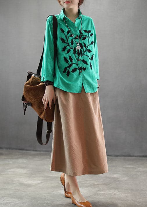 Green Cotton Blouses Turn-down Collar Branch Embroideried Long Sleeve GK-LTP220815