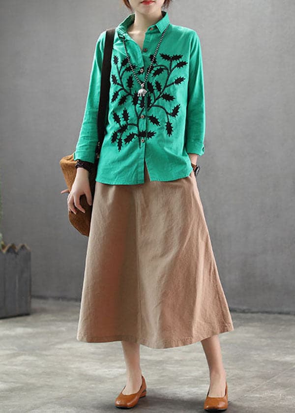 Green Cotton Blouses Turn-down Collar Branch Embroideried Long Sleeve GK-LTP220815