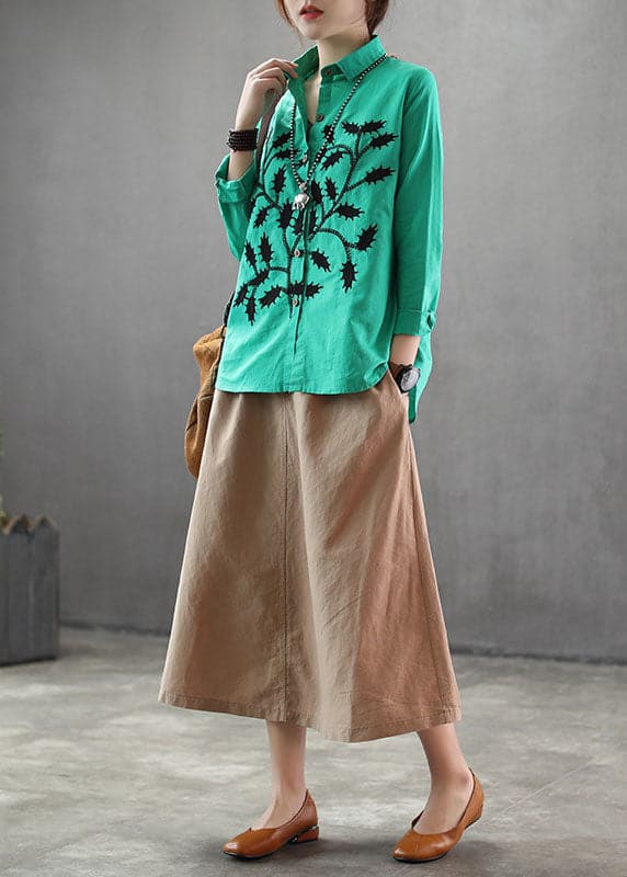 Green Cotton Blouses Turn-down Collar Branch Embroideried Long Sleeve GK-LTP220815