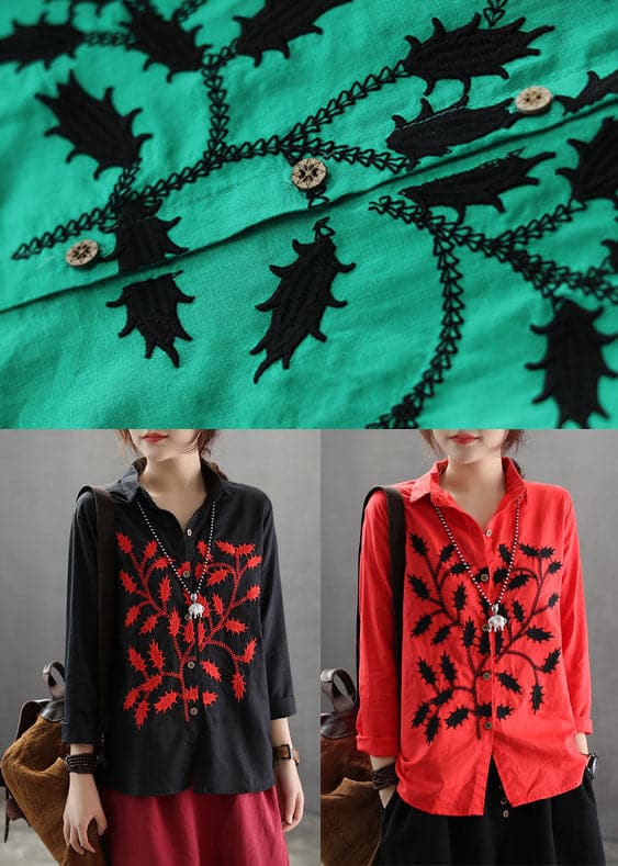 Green Cotton Blouses Turn-down Collar Branch Embroideried Long Sleeve GK-LTP220815