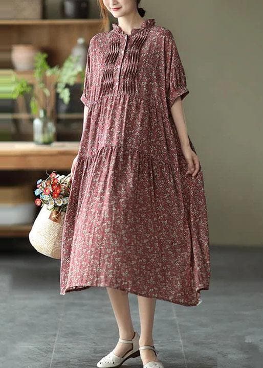 Green Cotton Linen Women Floral Pleated Breasted Short Sleeve Dress GK-SDL210709