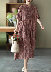 Green Cotton Linen Women Floral Pleated Breasted Short Sleeve Dress GK-SDL210709