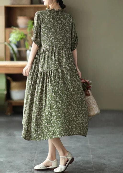 Green Cotton Linen Women Floral Pleated Breasted Short Sleeve Dress GK-SDL210709