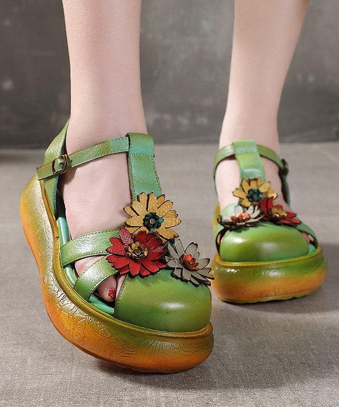 Green Cowhide Leather Buckle Strap Platform Sandals XZ-LX210624