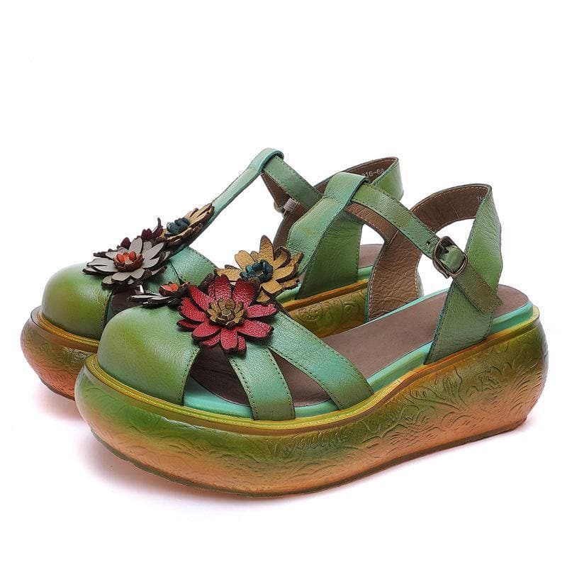 Green Cowhide Leather Buckle Strap Platform Sandals XZ-LX210624