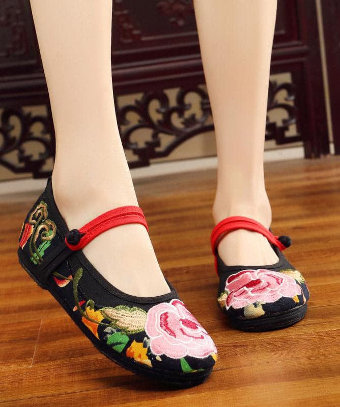 Green Flat Shoes Embroideried Comfy Cotton Fabric Buckle Strap Flat Shoes For Women SHOE-PDX220328