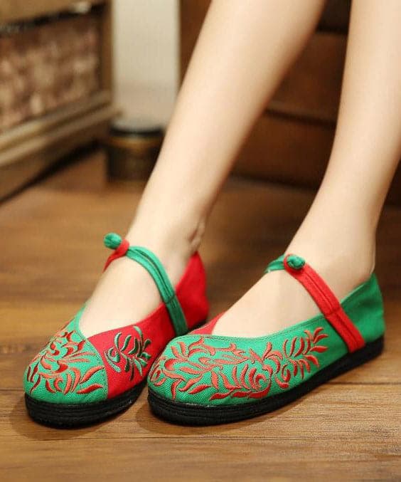 Green Flat Shoes Embroideried Cotton Fabric Women Splicing Flat Shoes SHOE-PDX220328