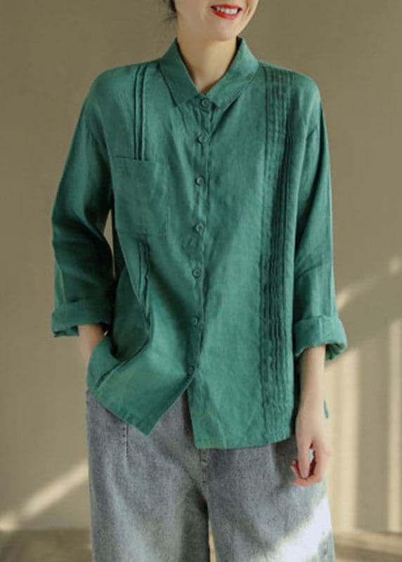 Green Linen Blouse Tops button asymmetrical design Long Sleeve GK-LTP220228