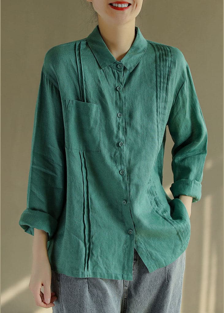 Green Linen Blouse Tops button asymmetrical design Long Sleeve GK-LTP220228