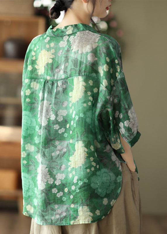 Green Patchwork Linen Shirt Top Button Print Half Sleeve GK-HTP220506