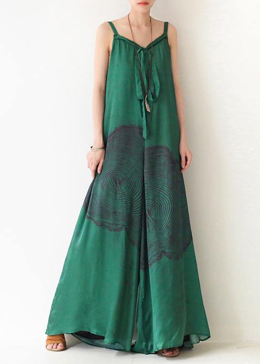 Green Print Jumpsuit Summer Strap Wide Leg Pants dylinoshop