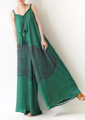 Green Print Jumpsuit Summer Strap Wide Leg Pants dylinoshop