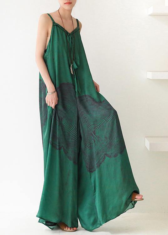 Green Print Jumpsuit Summer Strap Wide Leg Pants dylinoshop