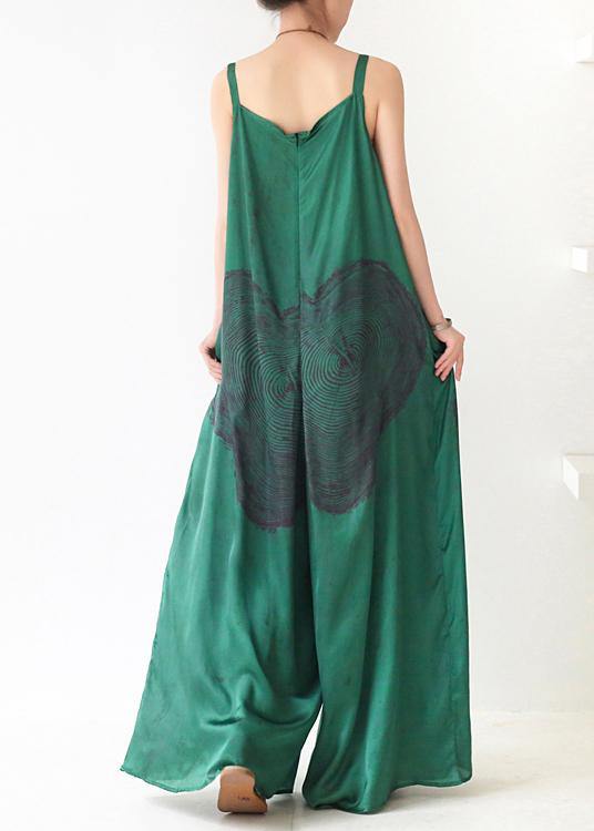 Green Print Jumpsuit Summer Strap Wide Leg Pants dylinoshop