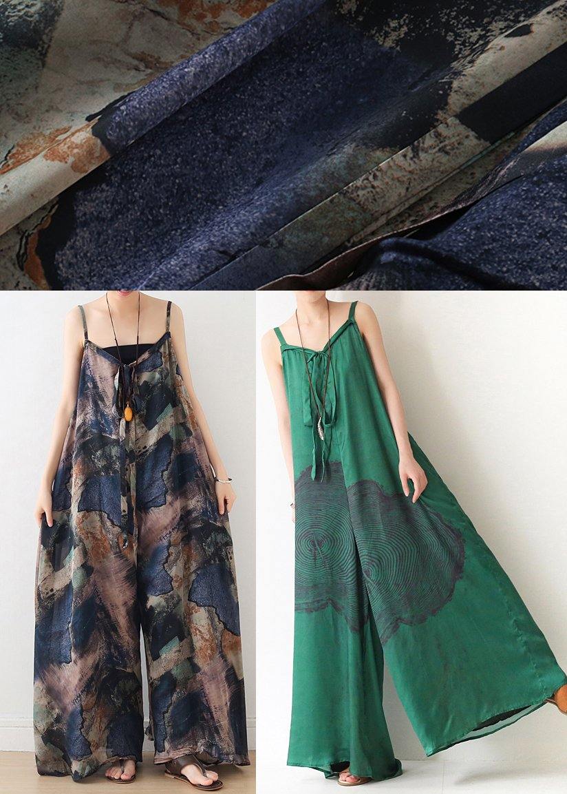 Green Print Jumpsuit Summer Strap Wide Leg Pants dylinoshop