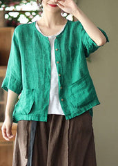 Green Solid Pockets Linen Cardigan O-Neck Button Half Sleeve GK-CDG220523