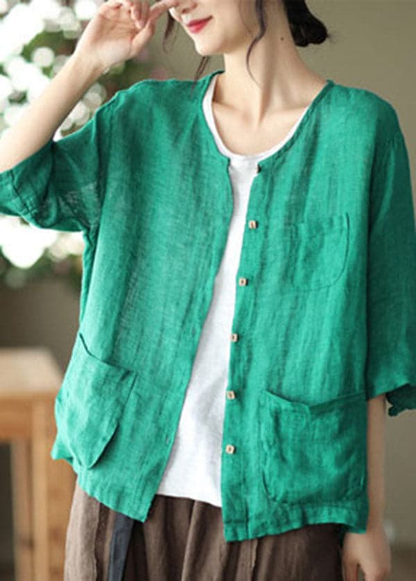 Green Solid Pockets Linen Cardigan O-Neck Button Half Sleeve GK-CDG220523