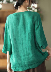 Green Solid Pockets Linen Cardigan O-Neck Button Half Sleeve GK-CDG220523