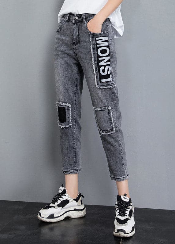 Grey Patchwork Applique Cotton Denim Crop Pants High Waist Tassel Summer NZ-CPTS220627