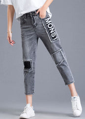 Grey Patchwork Applique Cotton Denim Crop Pants High Waist Tassel Summer NZ-CPTS220627