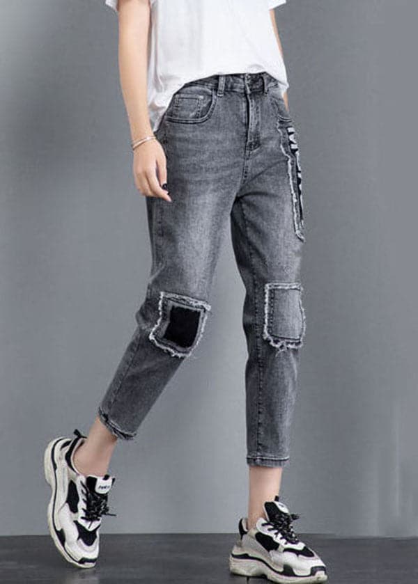 Grey Patchwork Applique Cotton Denim Crop Pants High Waist Tassel Summer NZ-CPTS220627