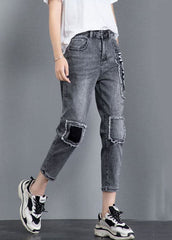 Grey Patchwork Applique Cotton Denim Crop Pants High Waist Tassel Summer NZ-CPTS220627