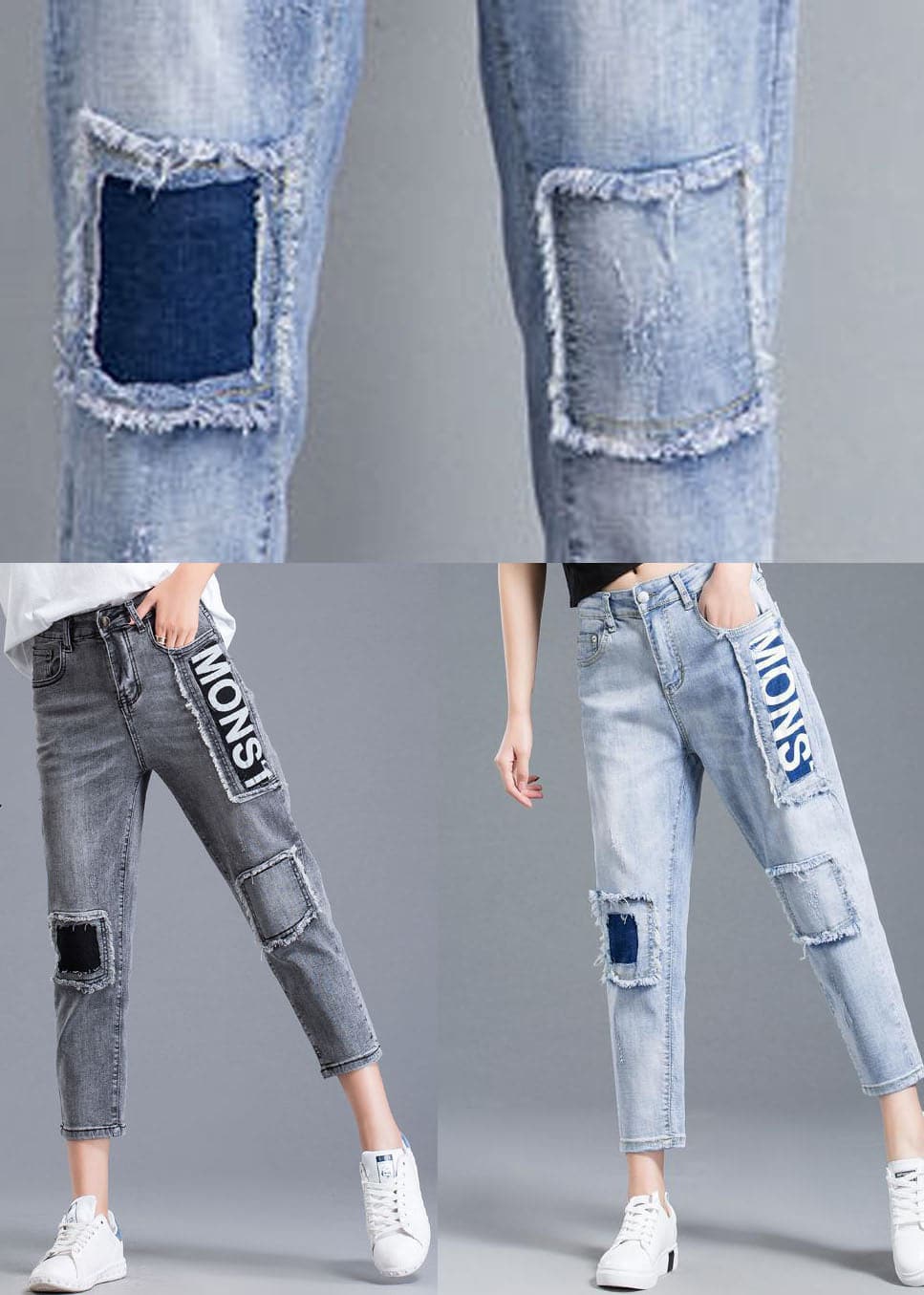 Grey Patchwork Applique Cotton Denim Crop Pants High Waist Tassel Summer NZ-CPTS220627