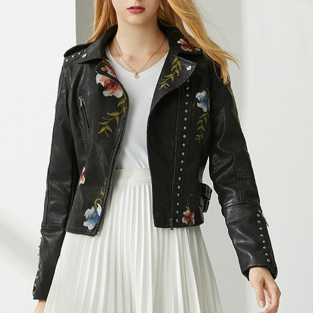 Women Retro Floral Print Embroidery Faux Soft Leather Jacket dylinoshop