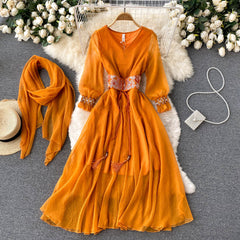 Women Retro Embroidered Vestidos V Neck Elegant Dress dylinoshop