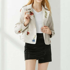 Women Retro Floral Print Embroidery Faux Soft Leather Jacket dylinoshop