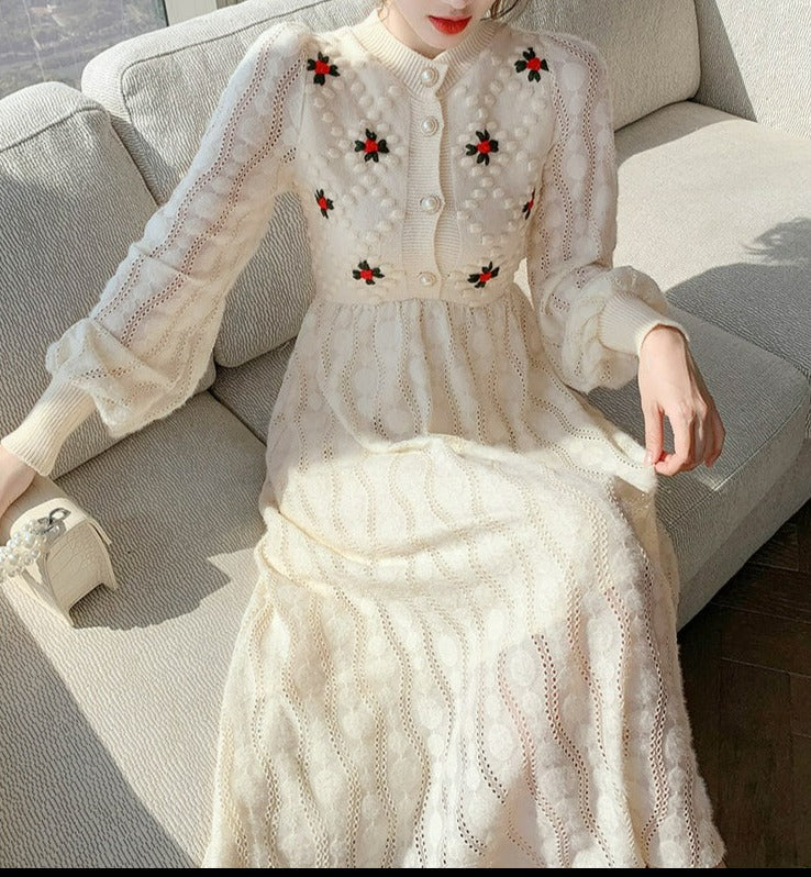 Women Korea Style Slim Embroidery Wool Knitting Sweater Maxi Dress dylinoshop