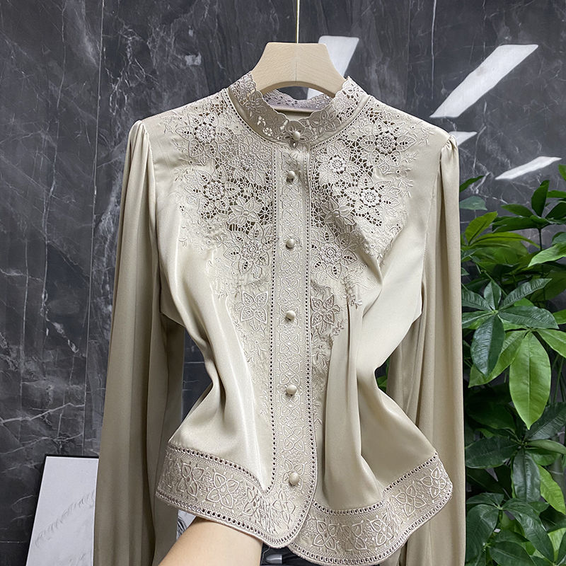 Women Embroidery Vintage Blusas De Mujer Stand Collar Blouse dylinoshop