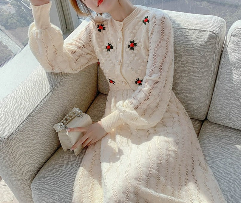 Women Korea Style Slim Embroidery Wool Knitting Sweater Maxi Dress dylinoshop