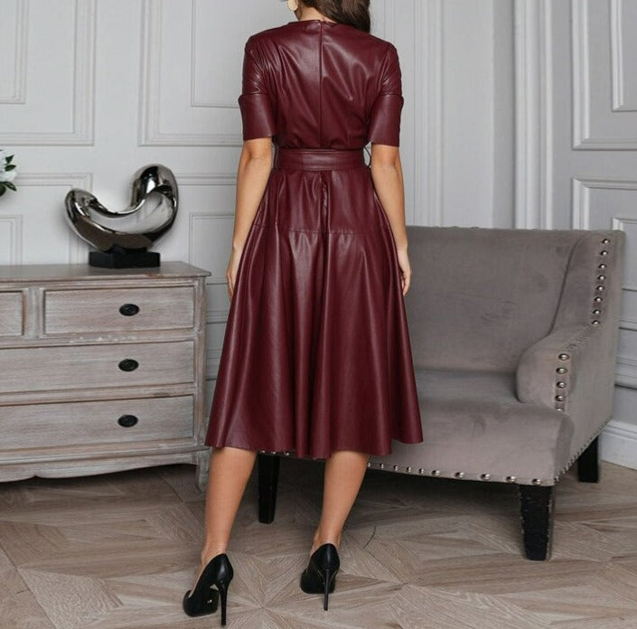 Women Vintage A Line Leather Short Sleeve O Neck Dress dylinoshop