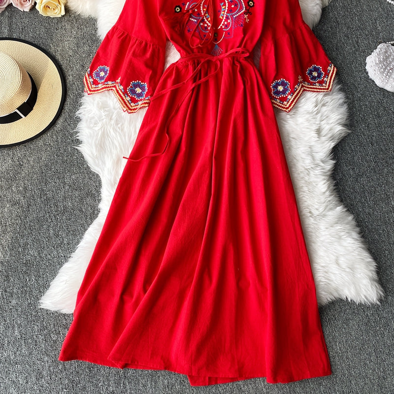 Women Embroidery Lacing Long A-line Dress dylinoshop