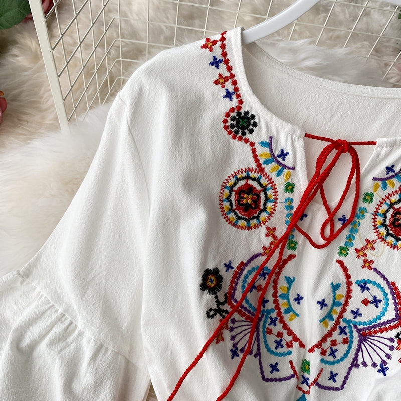 Women Embroidery Lacing Long A-line Dress dylinoshop