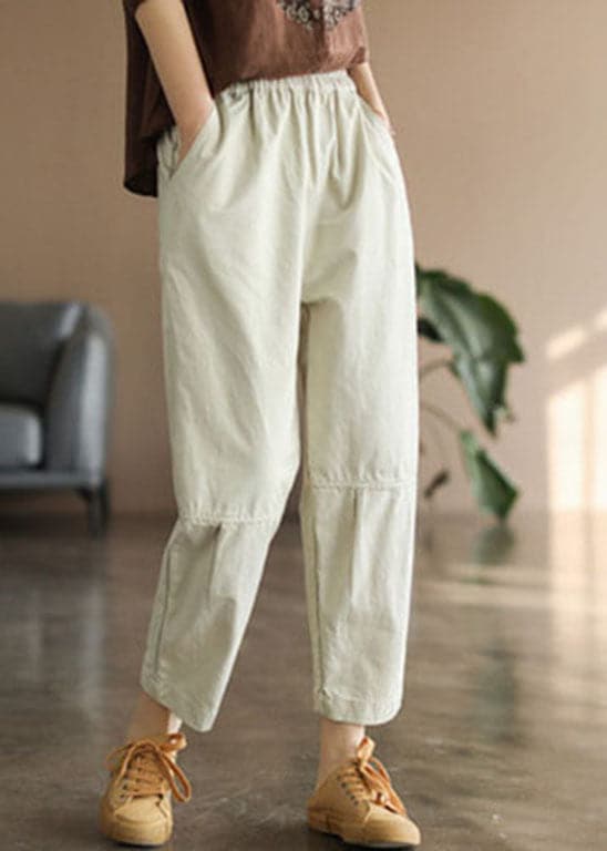 Handmade Beige elastic waist Pockets Pants Spring GK-LPTS220208