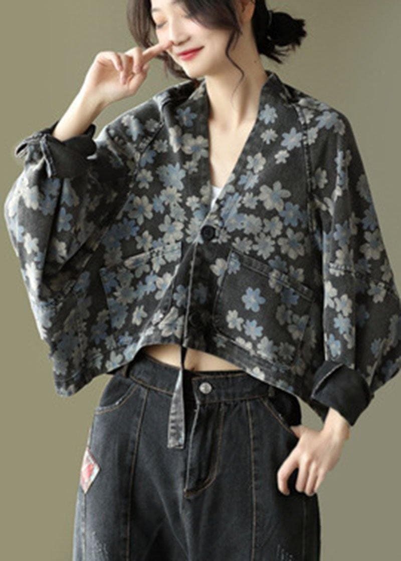 Handmade Black Floral Pockets Denim Long sleeve Short Coats GK-LTP210708