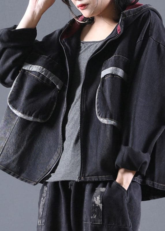 Handmade Black Hooded denim Coats Spring BSDJK-CTS211130